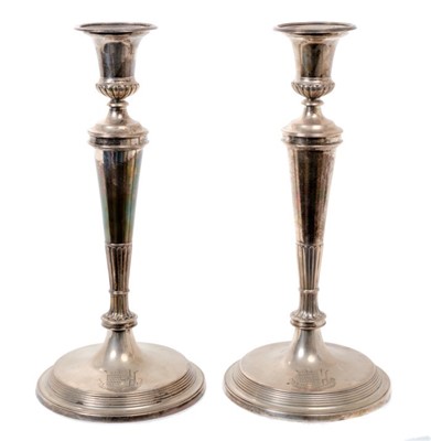 Lot 289 - Pair of George III silver candlesticks with tapered columns