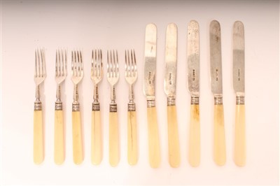 Lot 420 - Part set of Victorian silver dessert knives and forks with ivory handles, Sheffield 1876/1877/1881