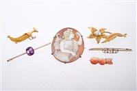 Lot 557 - Group of six brooches to include amethyst bar...