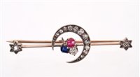 Lot 573 - Victorian diamond ruby and sapphire bar brooch...
