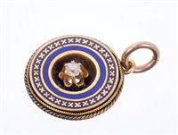 Lot 576 - Victorian gold diamond and blue enamel pendant...