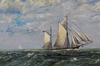 Lot 1046 - Peter Merrin acrylic on board - A Ketch at...
