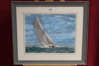 Lot 1048 - Peter Merrin watercolour - A J-Class yacht,...
