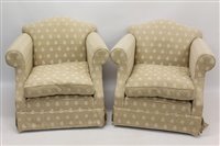 Lot 1271 - Pair of deep armchairs upholstered in nut...