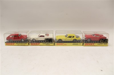 Lot 2746 - Dinky Ford Mustang Fastback 2+2 no. 161, Jenson FF no. 188, Volvo 1800S no. 116, Volkswagen 1600 TL Fastback no. 163 (perspex box cracked), all boxed (4)