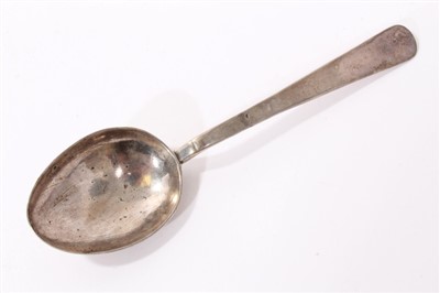 Lot 394 - Early silver spoon with plain stem with pricked initial and rattail bowl, possibly late 17th century