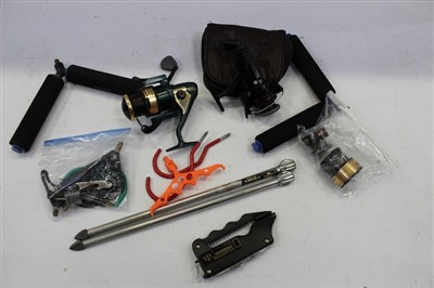 Lot 3729 - Shakespeare Premier Carp Carbon Composite fishing rod,
together with two reels and a quantity of other accessories