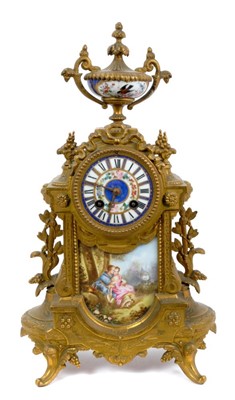 Lot 1263 - 19th cent. mantel clock, eight day French movement striking on a bell, floral painted porcelain dial