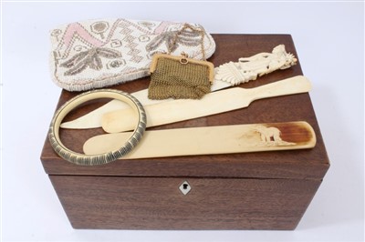 Lot 618 - Early 20th century Indo-Chinese carved ivory paper knife, other paper knives and purses