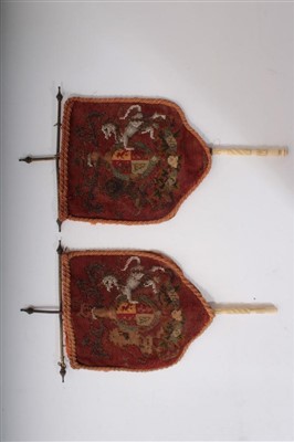 Lot 34 - Pair Victorian embroidered beadwork handheld fire banners with Royal Coat of Arms decoration, 39cm