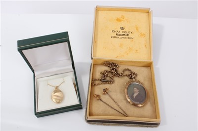Lot 3209 - Edwardian gold (9ct) oval portrait locket on fancy link chain, gold (9ct) locket on chain and two Edwardian gold (9ct) stick pins