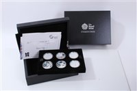 Lot 17 - G.B. The Royal Mint Silver Proof Coin Set – containing six Five Pound coins dated 2010, obverse by designer – Ian Rank-Bradley and reverse by designer – Shane Greeves – ‘A Celebration of Britain –...
