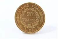 Lot 73 - France – gold 20 Franc coins of Napoleon I 1807A.  VF and Napoleon III 1862A (N.B. obverse scratch to cheek), otherwise GVF (2 coins)