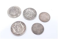 Lot 85 - G.B. mixed silver coinage – to include Half Crowns George III 1817.  VG – AF, George IV 1823.  F, William IV 1836.  Good, Shillings, Anne 1711.  VG – AF and George III 1787.  GVF (5 coins)