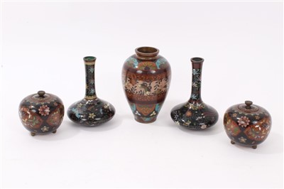 Lot 969 - Cloisonné enamel vase, pair of Japanese cloisonné Koro and a pair of cloisonné vases