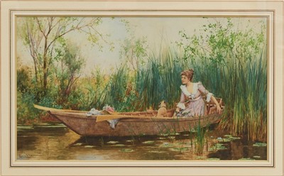Lot 1107 - Alfred Augustus Glendening (1861-1907) watercolour - “A Quiet Backwater”, signed, in glazed gilt frame