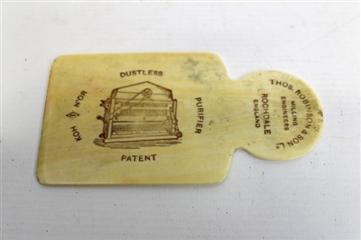 Lot 3529 - Late Victorian ivory seam smoother advertising The Koh I N’or Dustless Purifier
Patent by Thos. Robinson & Son Ld. Milling Engineers Rochdale England