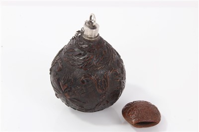 Lot 1069 - Antique carved nut perfume with silver top - together with small nut carving