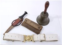 Lot 541 - Second World War A.R.P. Hand bell dated 1939, together with a White leather Irish Guards Belt and sundry Militaria