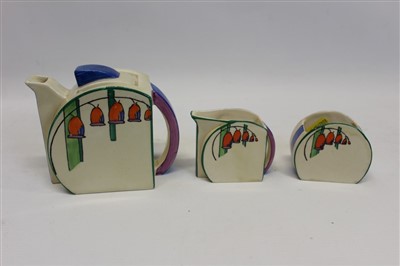 Lot 2102 - Clarice Cliff handpainted Bizarre Range three piece Bonjour tea set - comprising teapot, milk and sugar
