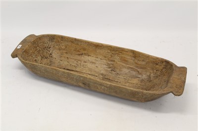 Lot 940 - Antique dough trough, dug out bucket, shepherds crook, peat cutter