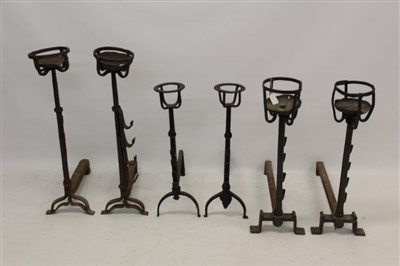 Lot 946 - Pair of antique wrought iron firedogs and other fireside metal ware