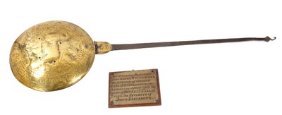 Lot 933 - Rare II brass and iron warming pan off local interest
