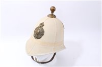 Lot 572 - White cloth helmet for 8th Volunteer Battalion (The King's Liverpool Scottish) Regiment with brass ball, chin chains, helmet possibly from another service and later than badge