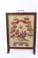 Lot 582 - First World War Period Oak Fire Screen with Central Wool work panel captioned Chestnut Troop R.H.A.