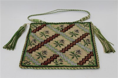 Lot 3084 - Edwardian beadwork evening bag with green tassels