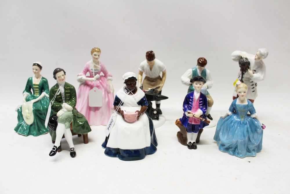 Lot 2004 - Nine Royal Doulton Williamsburg figures – Wigmaker HN2239, Child HN2154, Boy HN2183, Lady HN2228, Silversmith HN2208, Gentleman HN2227, Royal Governors Cook HN2233, Blacksmith HN2240 and Hostess HN...