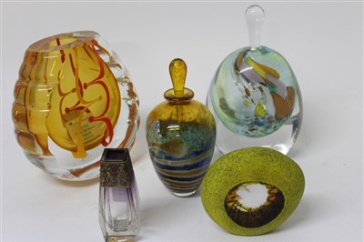 Lot 2061 - Small Moser Karlsbad purple tinted glass vase with gilded band, Dan Aston signed glass bottle vase with stopper and three other art glass items (5)