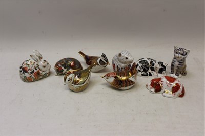 Lot 2037 - Nine unboxed Royal Crown Derby paperweights  - Meadow Rabbit, Puppy, Misty, Firecrest, Crested Tit, Poppy Mouse, Catnip Kitten, Derby Wren and Grey Kitten