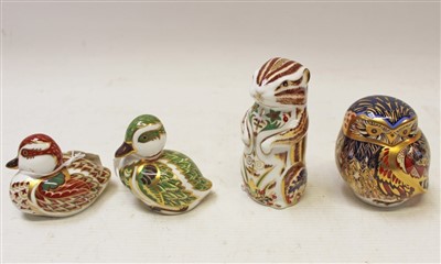 Lot 2030 - Four Royal Crown Derby limited edition paperweights – Bakewell Duckling, Chester Chipmunk, Derbyshire Duckling and Little Owl, all boxed with certificates
