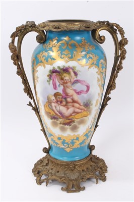 Lot 307 - 19th century Sèvres-style ormolu mounted lamp base vase, rococo-style ormolu mounts, 45cm
