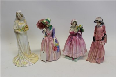 Lot 2082 - Four Royal Doulton figures – Maureen, The New Bonnet HN1728, Miss Demure HN1402 and The Bride HN1588