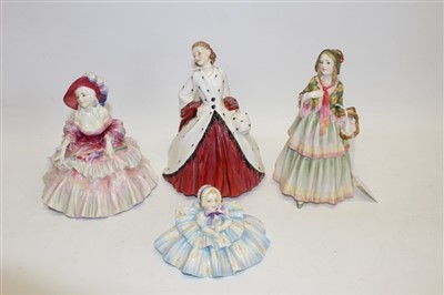 Lot 2084 - Four Royal Doulton figures – Evelyn HN1622, Clemency HN1634, The Ermine Coat HN1981 and Rosebud HN1581