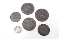 Lot 145 - G.B. mixed coinage – to include copper Halfpenny tokens John Wilkinson 1793.  GF, Hornchurch, Romford and Havering (1795).  GVF – AEF, Penny Bristol 1811 (N.B. edge bruised), otherwise GVF, Soho Mi...