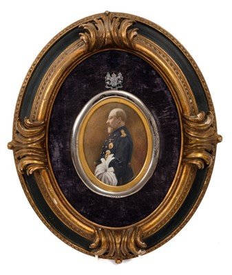 Lot 58 - Edwardian photographic portrait miniature of HM King Edward VII in profile, military uniform