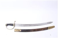 Lot 808 - Victorian Customs / Police Cutlass with curved polished steel blade, brass stirrup hilt with ribbed fishskin grip. In brass mounted leather scabbard.