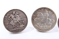 Lot 150 - G.B. mixed silver Crowns – to include Victoria J.H. 1888.  VG, 1892.  VG, O.H. 1896LX.  AF and George V 1935.  VF – GVF (4 coins)