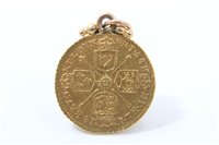 Lot 152 - G.B. gold Quarter Guinea George I 1718 (N.B. mounted at the 12 o’clock position), otherwise GF – AVF (1 coin)