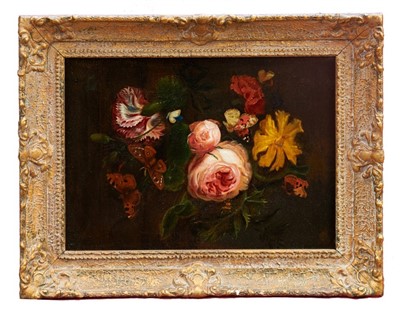 Lot 1310 - Dutch School, 17th/18th century oil on canvas -  still life of flowers with butterflies, in gilt frame, 33cm x 46cm