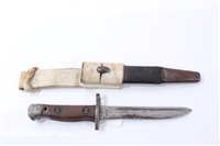 Lot 826 - First World War British Army 1907 Pattern Enfield Bayonet, with Second World War conversion and shortening into the ‘India Pattern No. 1 Mk. I’,in steel mounted leather scabbard with webbing frog.