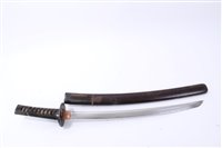 Lot 844 - Japanese wakizashi, 18th century, curved blade
signed on tang ‘Toyamanju (Yamashivo)’