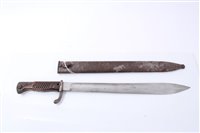 Lot 820 - First World War Imperial German M98/05 ‘Butcher’ Bayonet with wooden grips and steel blade (retaining most of original finish), stamped Deutsche Maschinenfabrik A.G. Duisburg in steel scabbard