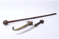 Lot 824 - Old African Knobkerrie with wirebound bands on shaft, together with an Eastern Dagger with brass mounted scabbard (2)