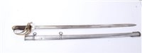 Lot 827 - Victorian-style Indian Infantry Officers' sword with brass Gothic hilt and crowned VRI cipher, etched blade in steel scabbard and two French Lebel bayonets (3)