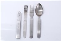 Lot 622 - Second World War Nazi Wehrmacht Field cutlery set, comprising knife, fork, tin opener and spoon, with eagle and swastika emblem, impressed 'W.S.M. 41', And marked 'Rostfrei'.