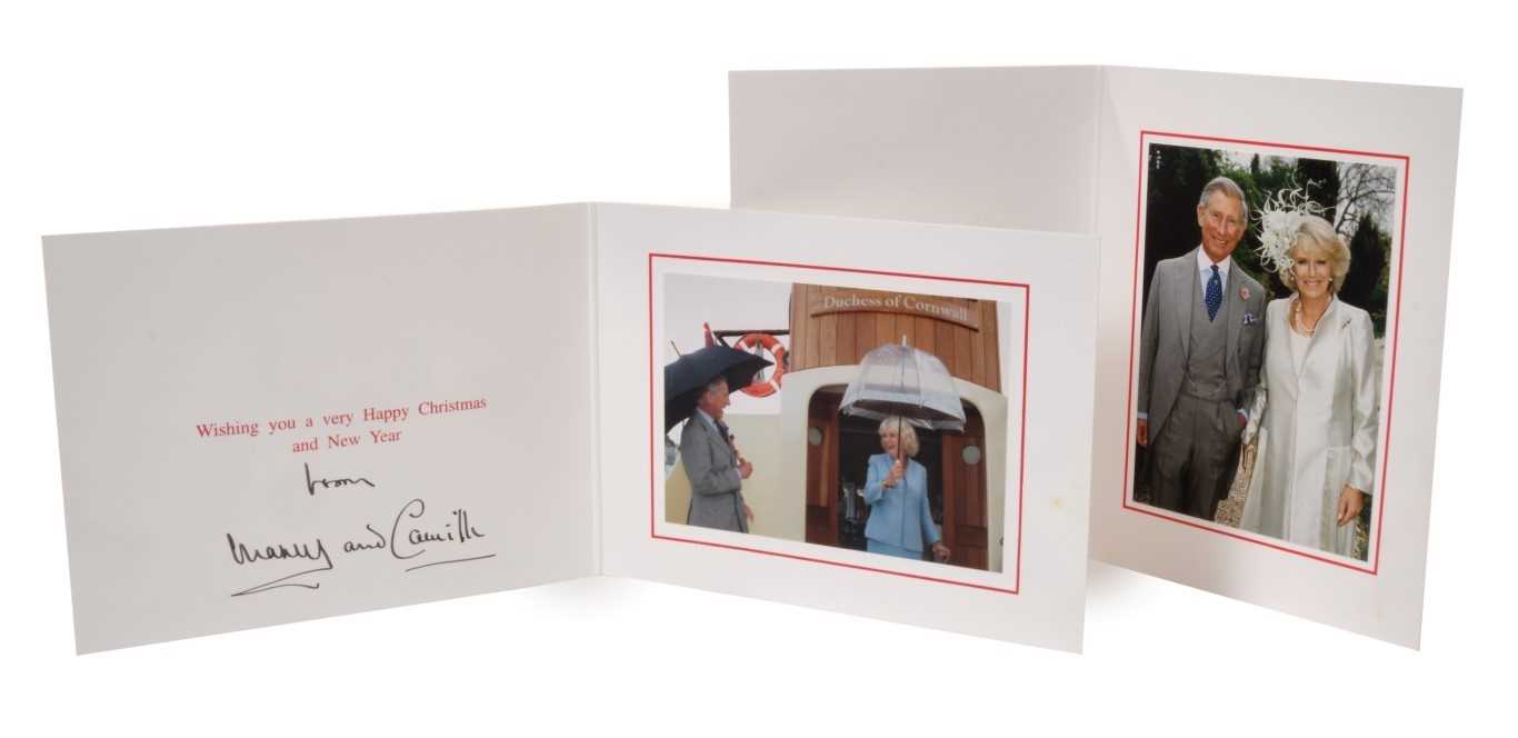 Lot 85 - TRH The Prince of Wales and The Duchess of Cornwall – two Christmas cards, twin gilt ciphers, colour photographs